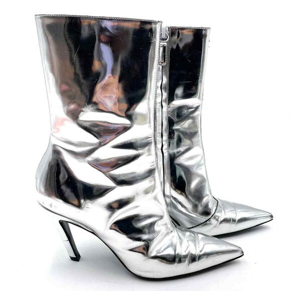 BALENCIAGA Slash Metallic Silver Boots Mirror Leather Pointed Toe Sz 36 / 6 US - Picture 1 of 11